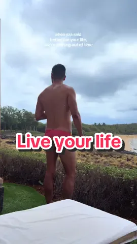 A post by @athomewithbryan on TikTok caption: I’m officially 40 and this message could not have come at a better time. We only have one life. Stand in the rain. Be confident. Wear that speedo. #sza #liveyourlife #travel #hawaii #speedo #lanai #lifeisshort #youdoyou #athomewithbryan 