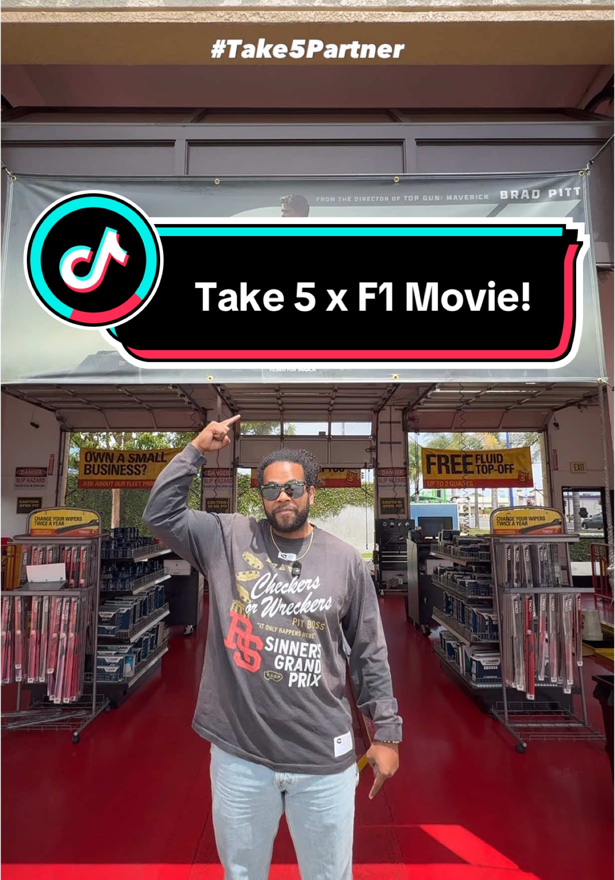 A post by @forrestsautoreviews on TikTok caption: Be sure to check out F1® THE MOVIE in theaters today. Stop by @Take 5 Oil Change on your way there for pit stop fast service! @Warner Bros. @Apple TV #Take5Partner #F1TheMovie 