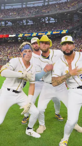 A post by @thesavbananas on TikTok caption: Replying to @mamaof4 you guys asked and @Jackson Olson delivered😌 @Ty Jackson @Austin krzeminski @Ryan Kellogg @Alex Ziegler @Andy Archer   #savannahbananas #baseballboys #disneymovies #bananaball #xenon 