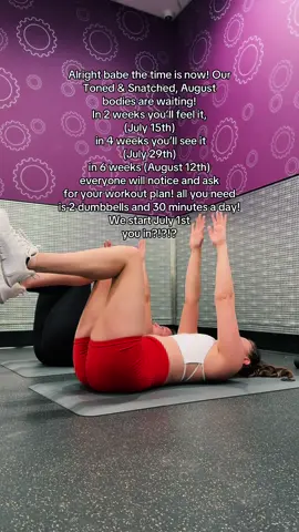 A post by @julesfitfromladder on TikTok caption: Start with me free! Link in bio love! I got you!  See you on the 1st 🫡 #dumbbell #abworkout #transformation #toned #fitnessmotivation #deepcore #workoutplan #tonedarms #tonedstomach #pilates #pilatesworkout #deadbugs #workouttransformation #abroutine #challenge 