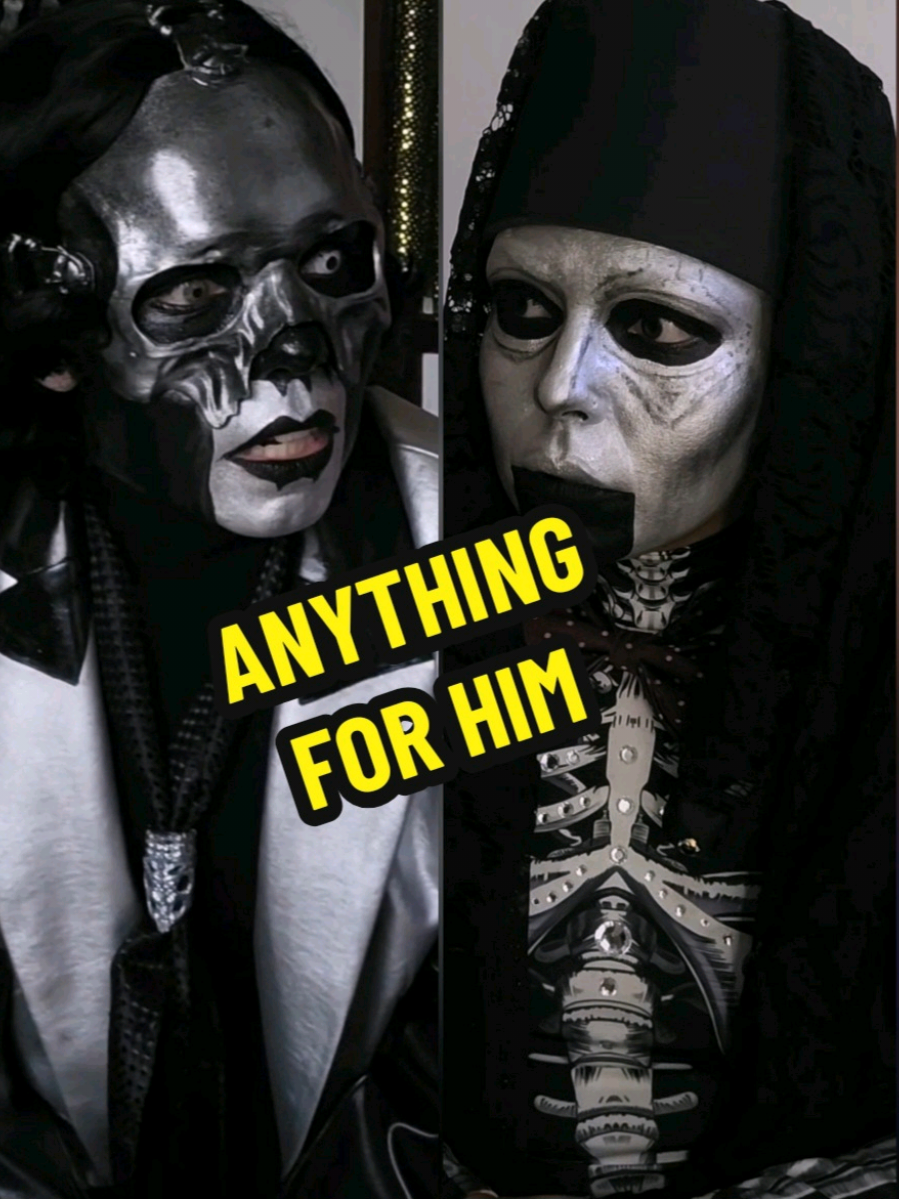 A post by @paintapairofeyes on TikTok caption: Oh the drama... you havent done anything wrong and we know you'd do everything for him 🥺🖤 give him some time... and space... and dont be intense, Pepe 😆 TGIF! V de Viernes!  I was watching The Addams Family last night and I had to get this out of my head 😆The ghoulette is improvised so dont make fun of her 😆  . Note: The dynamic here is not of a couple. I *Dont* ship V with his ghouls (the only ship I do is Terzomega),  this is more like V venting to a friend that has known him for long. 🥺💔 . . . #thebandghostcosplay #thebandghost #namelessghouls #papaperpetua #papaperpetuacosplay #papavcosplay #papav #skeleta #skeletour 
