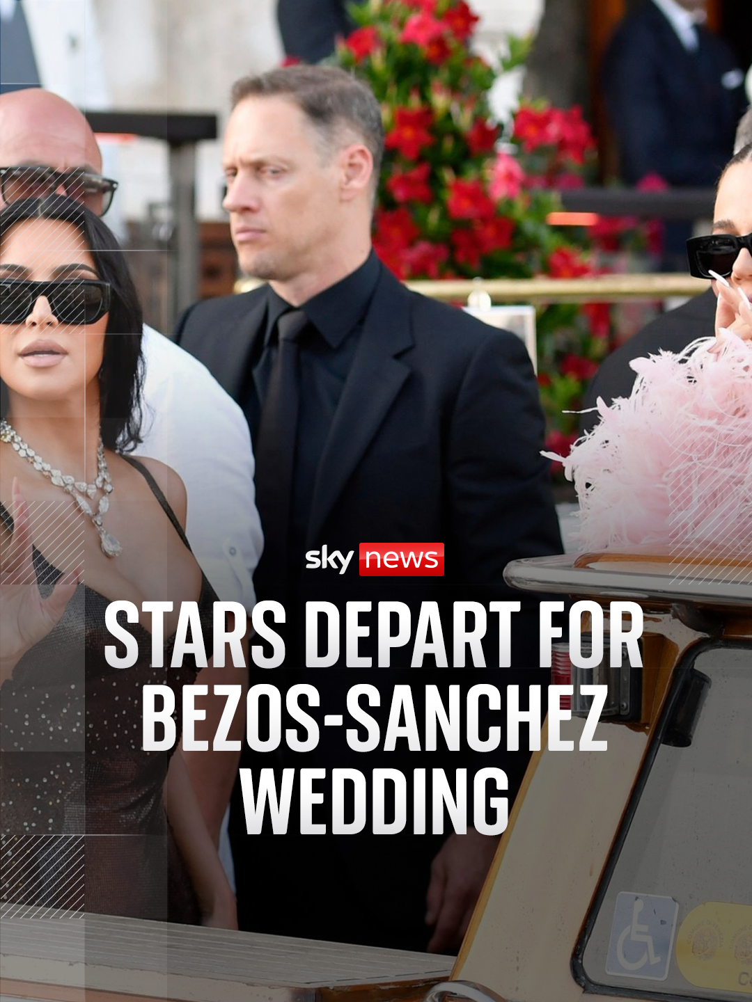 A post by @skynews on TikTok caption: Billionaire Amazon founder Jeff Bezos and journalist Lauren Sanchez exchanged their vows on Friday, on the small island of San Giorgio, opposite St Mark's Square. Celebrities, including members of the Kardashian family and Oprah Winfrey, left their hotel in Venice to attend the wedding. #SkyNews #JeffBezos #LaurenSanchez