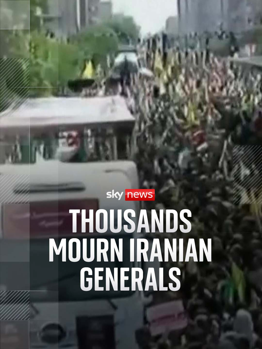 A post by @skynews on TikTok caption: Thousands mourn as coffins holding the #RevolutionaryGuard’s top commanders and nuclear scientists arrive in #Tehran’s streets