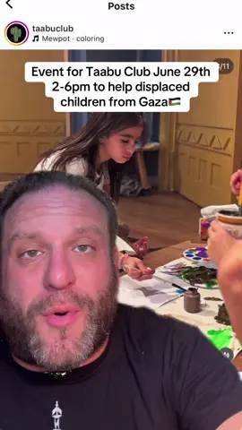 A post by @jacobbergeractor on TikTok caption: Come meet me tomorrow sunday june 29th at @MOKAFÉ in Paterson, NJ as we raise funds to support Taabu Club, a very important social program for hundreds of kids who are displaced from Gaza in Egypt. Come say hello!
