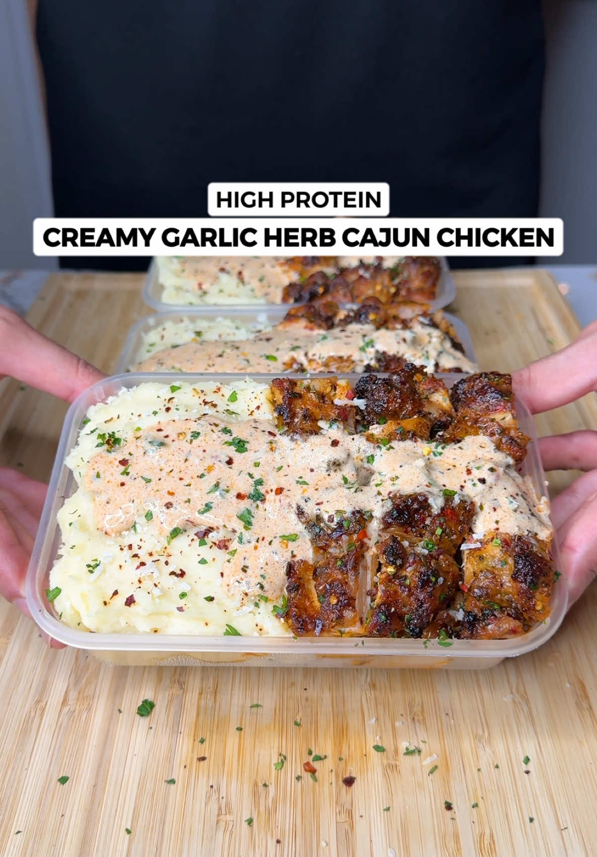 A post by @jalalsamfit on TikTok caption: High Protein Creamy Garlic Herb Cajun Chicken🍗🔥🥔 Easily the best chicken i’ve made, so easy, low effort and simple to meal prep! Paired perfectly with a side of fluffy mash and creamy sauce😮‍💨 Macros Per Serving (4 Total) 543 Calories | 53g Protein | 45g Carbs | 14g Fat Ingredients (Makes 4 Servings) Garlic Herb Cajun Chicken - 800g Raw Chicken Thighs boneless skinless - 1.5 Tsp Salt - 2 Tsp Italian Herbs - 1.5 Tsp Chilli Flakes - 1.5 Tsp Parsley - 1.5 Tsp Garlic Powder - 1.5 Tsp Onion Powder - 1.5 Tsp Paprika - 2 Tsp Olive Oil Oven Bake or Air Fry for 22-25mins at 200C / 400F. You can cook these on a pan in some butter too for 4-5 mins each side on medium heat Light & Fluffy Mash - 800g Raw White Potatoes peeled and diced into 1 inch chuncks - 20g Room Temperature Light Butter (Brand: Norpak) - 125ml (1/2 Cup) Warm Skimmed Milk - 1.5 Tsp Salt or to taste - 1.5 Tsp Garlic Powder Place potatoes in a pot of cold water, bring to a boil then boil for 12-14mins till fork tender. Then drain the water and cover with a lid so it steams for about 5mins. Then uncover and mash using a ricer or masher. Use room temp butter and warm milk Creamy Cajun Sauce - 10g Light Butter (Brand: Norpak) - 3/4 Tsp Each Salt, Italian Herbs, Chilli Flakes, Garlic, Onion Powder, Parsley Paprika - 250ml (1 Cup) Skimmed Milk - 140g Light Cream Cheese - 40g Grated Parmigiano Cheese - Good Handful Chopped Spinach Toast the spices in butter for 2mins on low heat then add milk, cream cheese, parmesan and spinach. Keep stirring till smooth, creamy and slightly thick. Let this warm up for 3-4 mins and your sauce is ready - Slice your chicken into cubes then serve with the fluffy mash. I recommend storing the creamy sauce separately and serving when ready to eat ENJOY! . . . . #chickenrecipes #chicken #cajunchicken #garlic #mashedpotatoes #potato #creamychicken #mealprep #highprotein #weightloss #healthyrecipes #Foodie #fitness #EasyRecipes #mealprepideas 