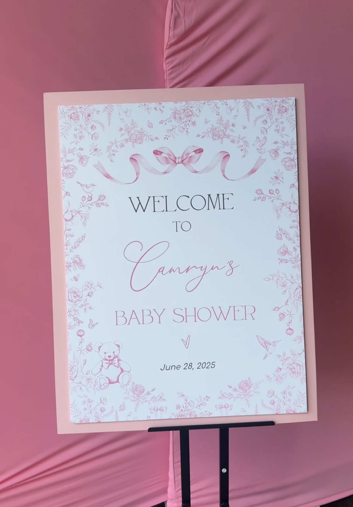 A post by @camryncordova on TikTok caption: baby shower 🩷 (huge shoutout to my Aunt for putting this beautiful shower together) #babyshowerdress #babyshower #girlmom #babygirl #3rdtrimester #pregnacy 