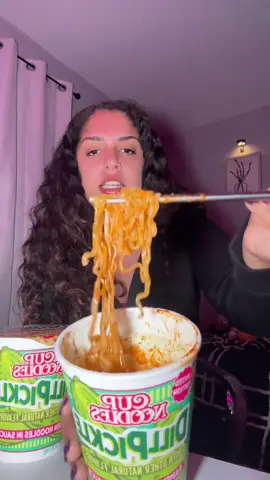 A post by @leiahwithdacamry on TikTok caption: i was so excited when i saw these 😍 my two favorite things fr #pickles #noodles #foodtiktok #foodreview #dillpicklenoodles #mukbang 