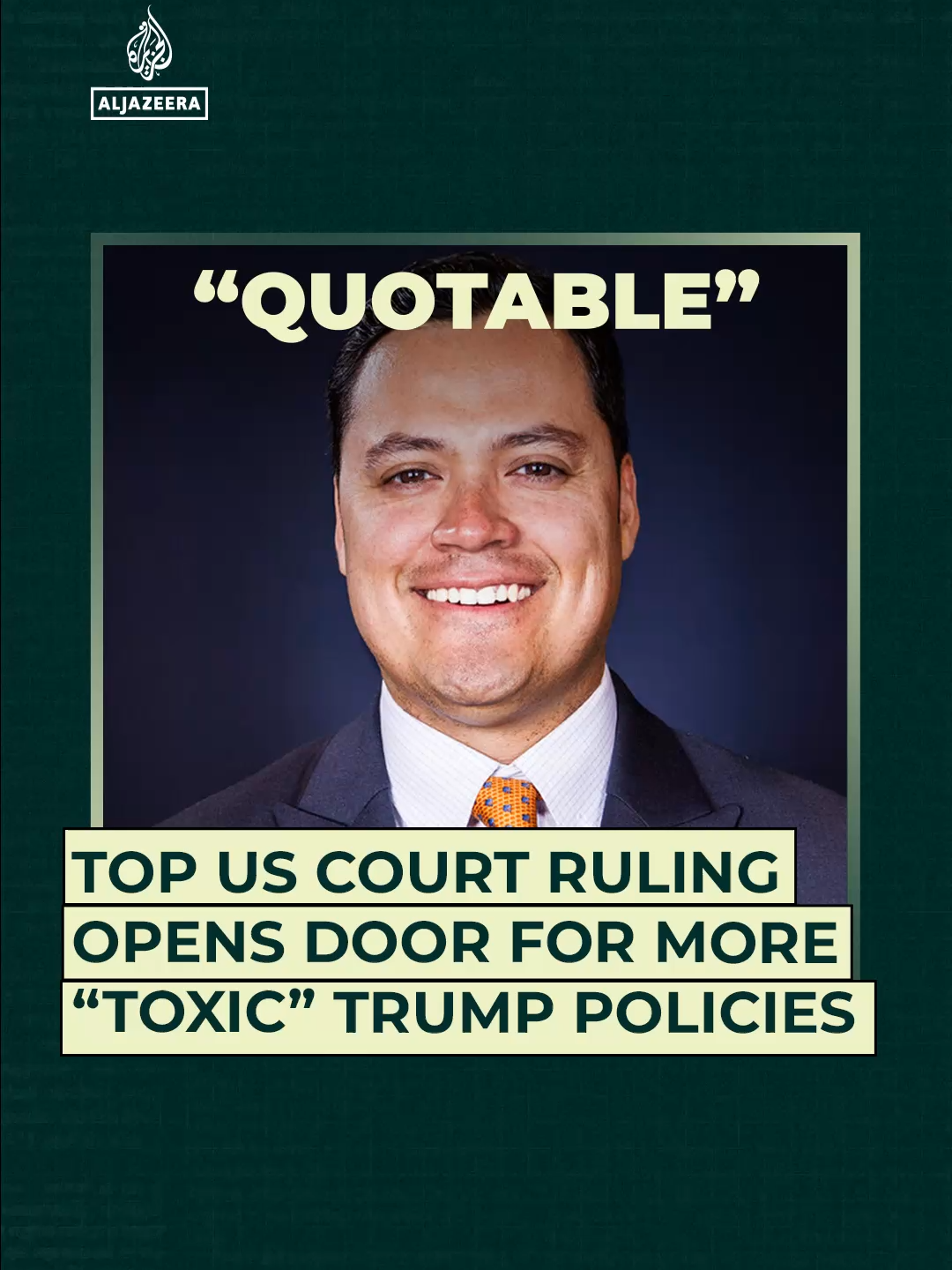 A post by @aljazeeraenglish on TikTok caption: Kristian Ramos, Democratic party strategist, says the US Supreme Court’s ruling that lower courts cannot block executive orders puts civil rights at greater risk. #news