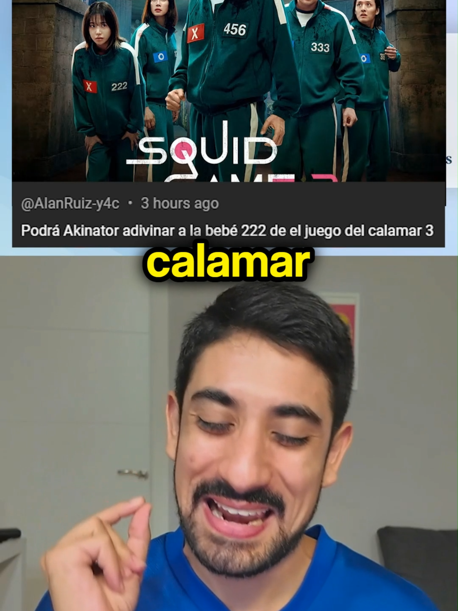 A post by @javiercazarez on TikTok caption: Akinator conocerá al bebé 222 de el Juego del Calamar 3? 🦑😳 #curiosidades #eljuegodelcalamar3 #akinator #netflix #humor