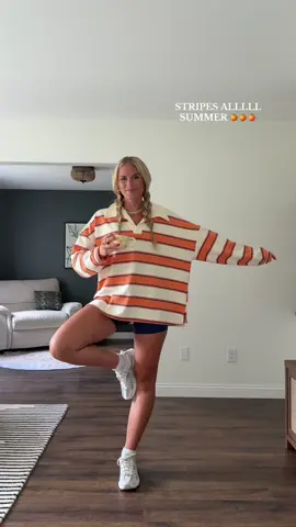 A post by @lily.mags on TikTok caption: Comfy Summer OOTD and fav fashion trend 🍊🫐🍊🫐 #summerfashioninspo #trendyoutfits #comfyootd #summeroutfitinspo #stripedshirt 