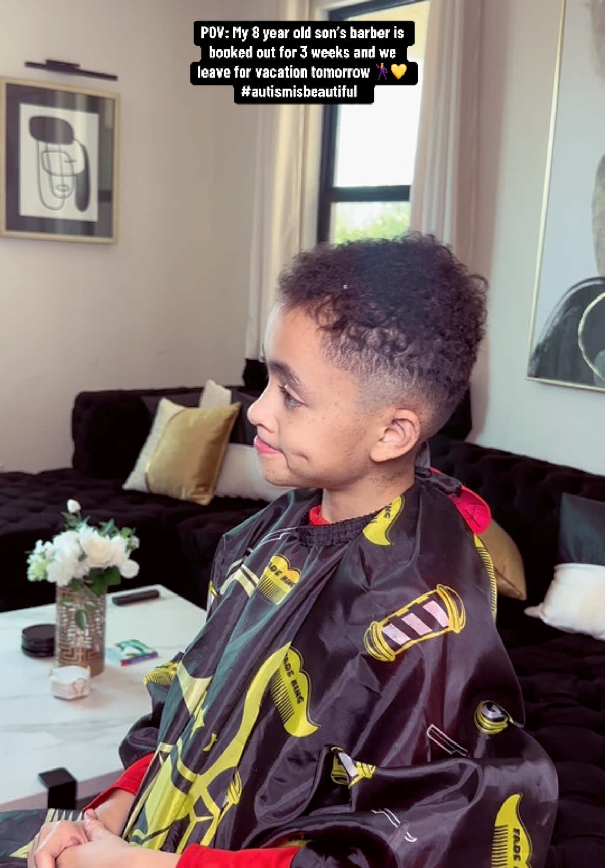 A post by @domowilsonmusicc on TikTok caption: I was trying to grow his hair out at the top & it’s perfect length now! I haven’t had to cut his hair in years lol obviously I’m not a professional but I got the job done! & saved $100 on his haircut lol  💛🫶🏽 #fyp #foryou #autismisbeautiful 