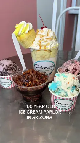 A post by @hungryhotline on TikTok caption: Brand new in Arizona!🍦@petersensicecream just opened up their second location in Gilbert! This 100 year old ice cream parlor from Chicago is serving up so many incredible creations!! Make sure to sample a few flavors and ask for a surprise when ordering for your kids (they’ll make an animal face out of toppings)! This is the perfect spot to beat the heat this summer! Plus it’s right next to Gilbert Regional Park so make sure to stop by for some ice cream before catching the Gilbert fireworks on 4th of July! Let us know if you check it out!  📍Petersen’s Ice Cream 4764 S Higley Rd Gilbert, AZ  85297 #icecreamparlour #icecreamparlor #icecream #sodafloat #dolewhip #arizona #gilbert #newspot #brandnew #milkshake #petersensicecream 
