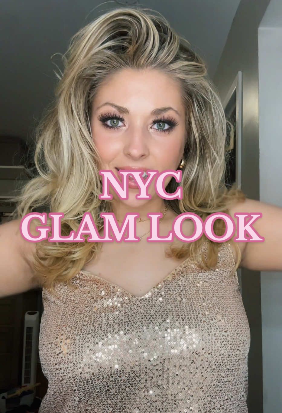 A post by @victoriakalina5678 on TikTok caption: Keep it glam but NYC 😉🚕 #nyc #dancer #fyp #glam #girlsnight #transition #smokeyeye #bighair #newyork 