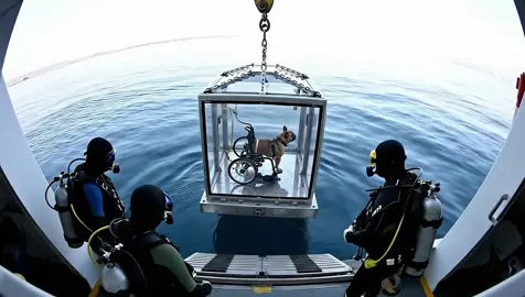 A post by @deepseavisitorsofficial on TikTok caption: Frenchie explores the ocean #dog #underwater #capsule #ocean #animals #wheelchair 