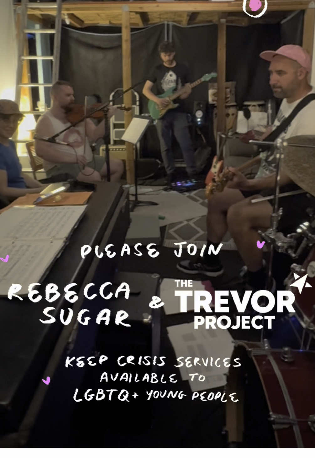 A post by @rebeccasugar on TikTok caption: We’ll be playing songs I wrote for “Steven Universe,” “Adventure Time” and more with an amazing band + special guests.🧡 Please join us LIVE here on TikTok to raise funds for the @TrevorProject from 7-9pm PST! 