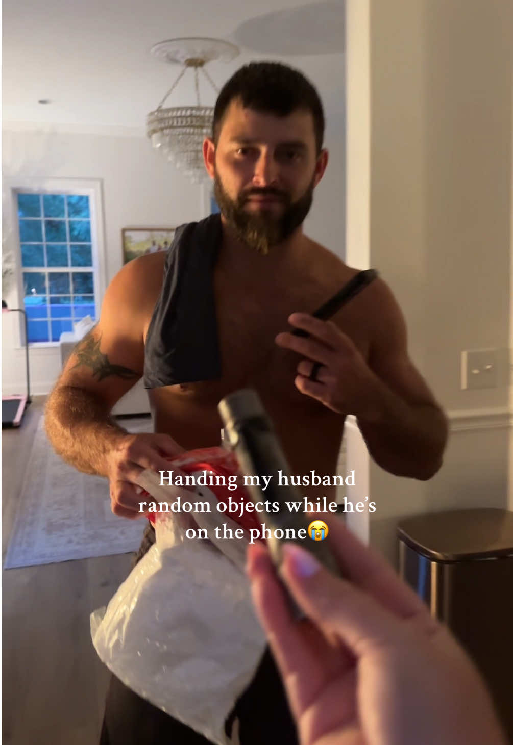 A post by @smalltownbeautybytess on TikTok caption: Why do I always ruin it with my laugh😭😆😭#husbandwife #husband #funny #comedia #wife #prank #trending #fyp @Devin Walker 
