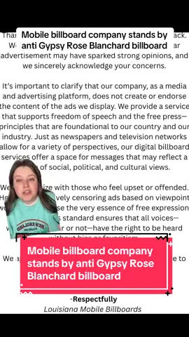A post by @true_talk_clips on TikTok caption: Mobile billboard company stands by anti Gypsy Rose Blanchard billboard #gypsyroseblanchard #gypsyrose #gypsyroseonlifetime #fyp 