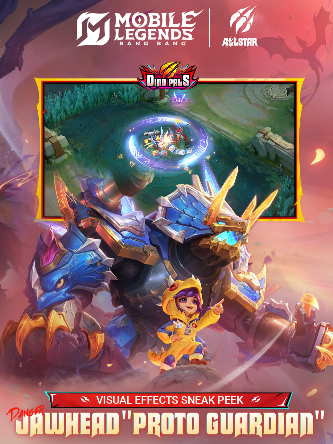 A post by @mlbbttofficial on TikTok caption: The new ALLSTAR skin - Jawhead "Proto Guardian" is coming soon! A chosen child ventures to an alien world where mechanical dinosaur civilization lurks beneath the surface, with colossal beasts ready to emerge! Where dinosaur spirit meets mechanical body, where steel roars meet childlike charm. Click to watch the in-game preview! Jawhead "Proto Guardian" and its Painted Skin Jawhead "Proto Sentinel" will be officially released on 07/05! #MLBBALLSTAR #MLBBDINOPLANET #mlbbnewskin #MobileLegendsbangbang