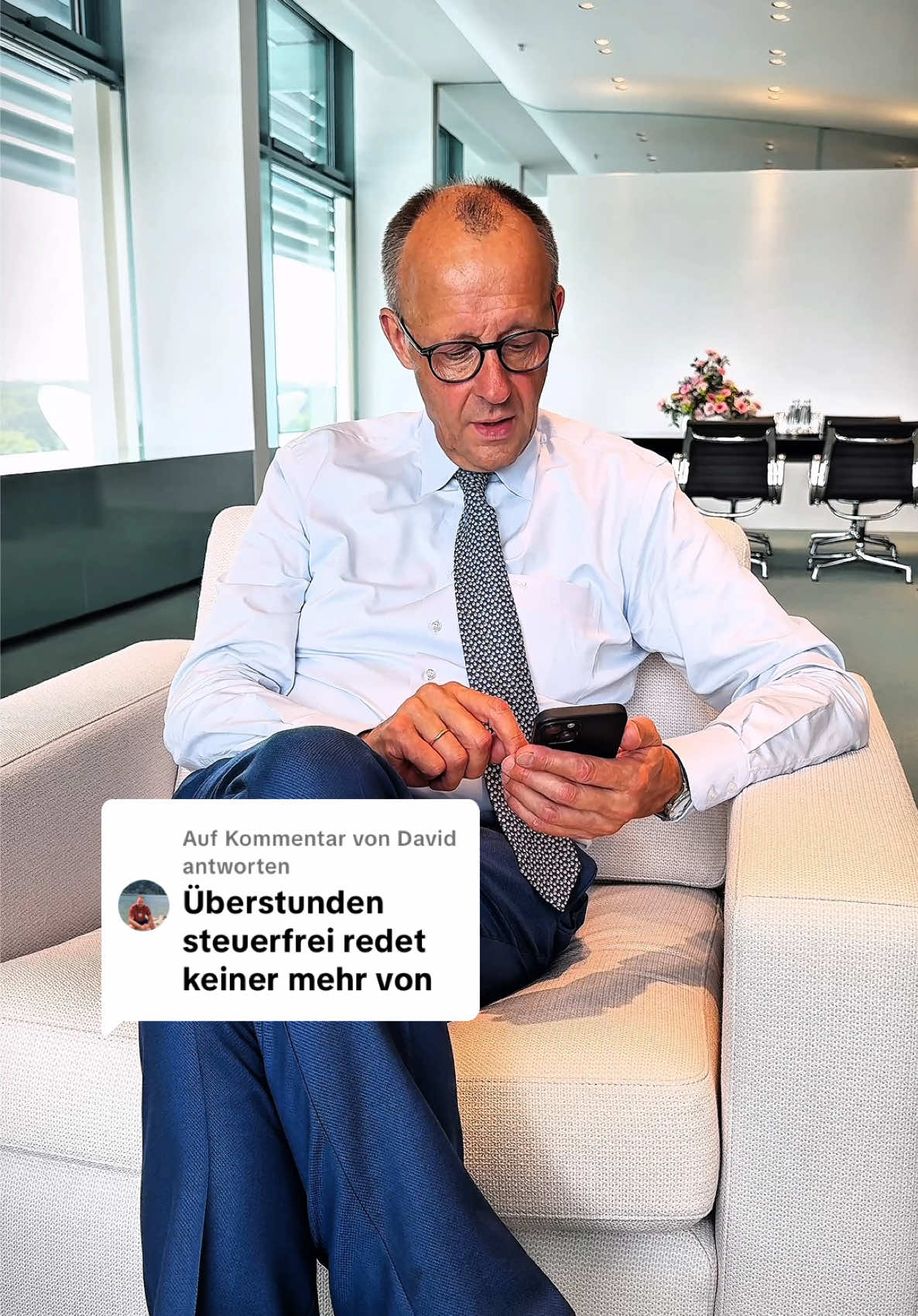 A post by @bundeskanzler on TikTok caption: Antwort auf @David Wir arbeiten daran.  #Bundeskanzler #FriedrichMerz 