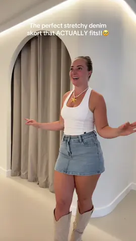 A post by @ellsbellesxx on TikTok caption: All sizes are officially BACK IN STOCK😍😭🥹 #fyp #foryou #denimskort #skort 