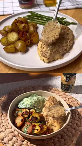 A post by @piaundhalloumi on TikTok caption: SENFHÄHNCHEN mit BRATKARTOFFELN & GURKENSALAT 🇫🇷 🇩🇪 Maille feiert, wie Essen Menschen über Grenzen hinweg verbindet. Inspiriert von @Leah et Fabien , die ein super leckeres Dijon-Hähnchen-Rezept gekocht hat, zeige ich heute meine Version – mit Bratkartoffeln und Gurkensalat.  Duette oder remixe dieses Video und zeig dein eigenes Maille-inspiriertes Rezept! Maille findest du übrigens in vielen Supermärkten – probier’s unbedingt mal aus. Zutaten für 2 Personen: Für das Hähnchen & Marinade:     2 Landhähnchenfilets     1½ EL Maille grober Senf     1 TL Honig     1 TL Zitronensaft     1 EL Olivenöl     1 Knoblauchzehe, zerdrückt     Salz, Pfeffer Für die Senfsauce:     1 EL Maille grober Senf     120 ml Crème fraîche     1 Schalotte     60 ml Geflügelbrühe     ½ TL Honig     etwas Butter     Pfeffer Für die Bratkartoffeln:     300 g festkochende Kartoffeln     1 kleine Zwiebel     50 g Speckwürfel     Petersilie     Salz, Pfeffer Für den Gurkensalat:     1 Salatgurke     2–3 EL Crème fraîche     1 TL Maille grober Senf     1 TL Honig     frischer Dill     Saft ½ Zitrone     Salz, Pfeffer Zubereitung:     Marinieren:     Hähnchenfilets mit Senf, Honig, Zitronensaft, Knoblauch, Öl, Salz & Pfeffer vermengen. Mindestens 30 Minuten marinieren lassen.     Bratkartoffeln:     Kartoffeln für 15 min  vorkochen, abkühlen lassen, schälen und in Scheiben schneiden. Mit Speck und Zwiebeln in etwas Öl anbraten, bis alles goldbraun ist. Petersilie dazugeben.     Senfsauce:     Butter in einer Pfanne schmelzen, Schalotten anschwitzen. Brühe, Crème fraîche, Senf und Honig einrühren. Bei mittlerer Hitze kurz köcheln, mit Pfeffer abschmecken.     Hähnchen braten:     Hähnchen in einer heißen Pfanne von beiden Seiten anbraten, bis es durch und schön gebräunt ist. Mit der Sauce übergießen.     Gurkensalat:     Gurke in feine Scheiben schneiden. Crème fraîche mit Senf, Honig, Dill, Zitrone, Salz & Pfeffer verrühren und über die Gurken geben. 📣 Jetzt bist du dran! Mach mit bei der Maille Challenge, zeig dein eigenes Rezept &nutze die Hashtags: #Maille #MailleDuetDishes  #SenfHähnchen #Bratkartoffeln #Gurkensalat