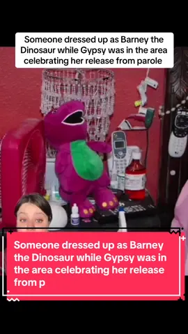 A post by @true_talk_clips on TikTok caption: Someone dressed up as Barney the Dinosaur while Gypsy was in the area celebrating her release from parole  #gypsyroseblanchard #gypsyrose #gypsyrosecase #gypsyroselifeafterlockup #fyp 
