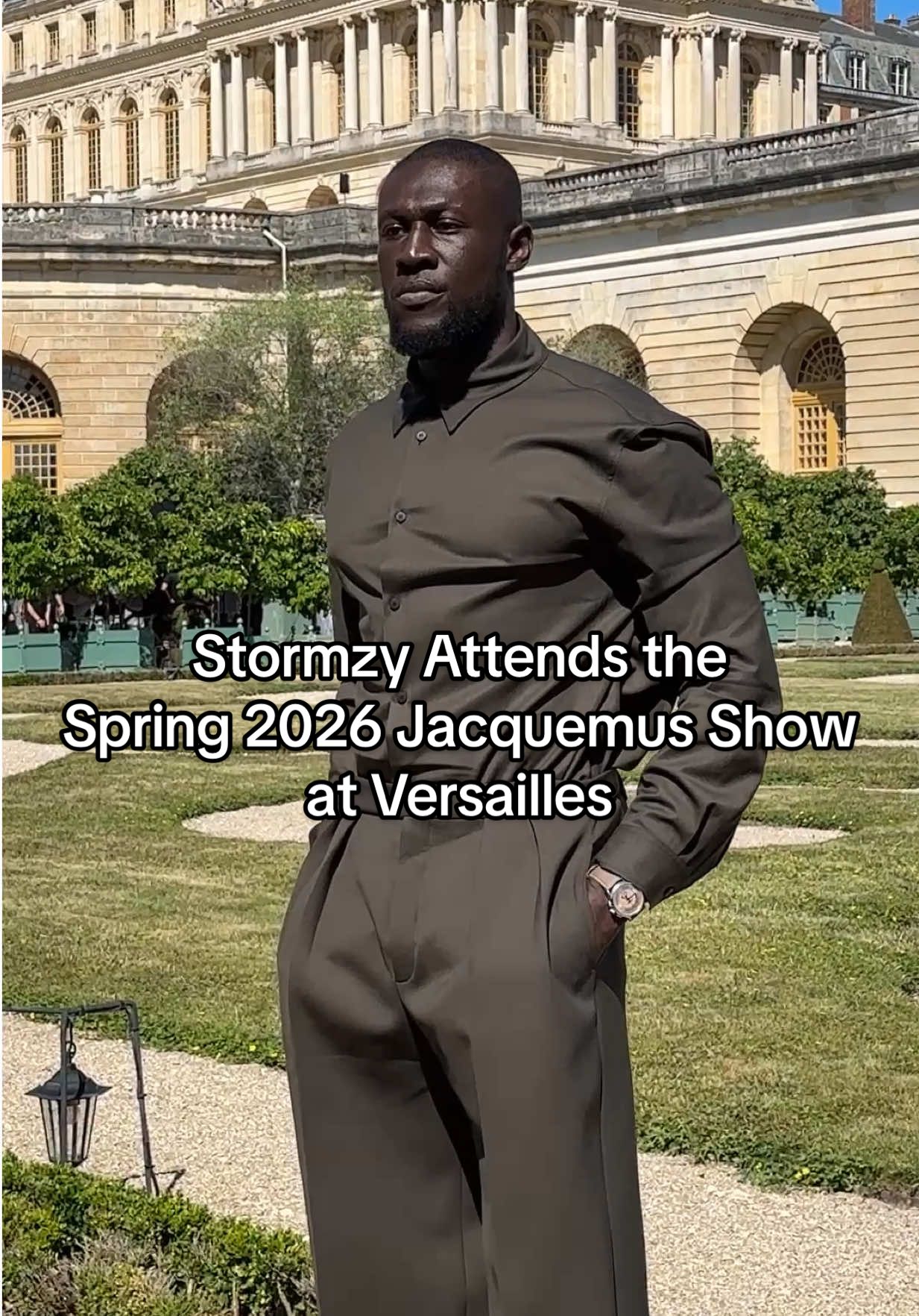 A post by @voguemagazine on TikTok caption: Let’s all stop and take a moment for #Stormzy at the spring 2026 #Jacquemus show at #Versailles. 