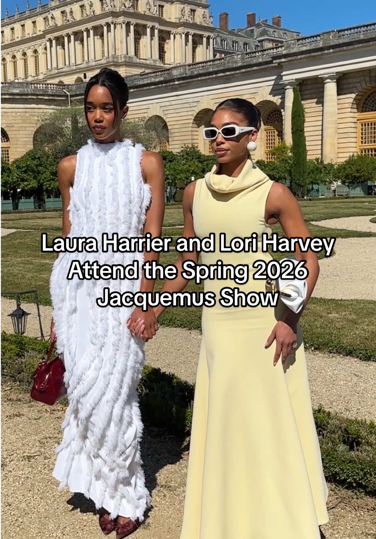 A post by @voguemagazine on TikTok caption: We can spot a pair of unbothered best friends from a mile away. Laura Harrier and Lori Harvey stepped out in style to see the latest from #Jacquemus in #Versailles. 