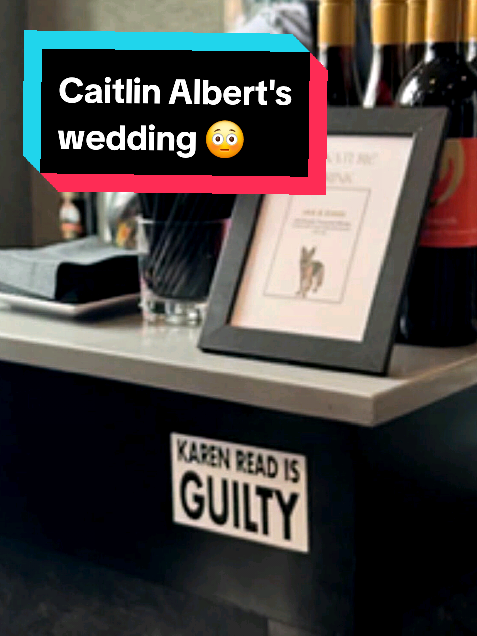 A post by @boozeybeauty on TikTok caption: Caitlin Albert's wedding featured a signature cocktail drink of a Jack Daniel's and ginger as well as a "Karen Read is GUILTY" sign on the weddings bar. #KarenRead #JohnOKeefe #KarenReadTrial #justiceforjohnokeefe #BreakingNews #LegalNews #CantonMA #CrimeTok #TrueCrime #Boston #massachusetts #CourtroomDrama 