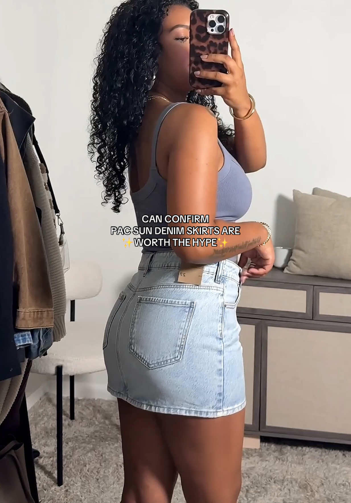 A post by @bettyyannhill on TikTok caption: Replying to @ashleigheryn the way the fit is so flattering 😭🤌🏽❤️‍🔥❤️‍🔥❤️‍🔥 #denimskirt #jeanskirt #denimminiskirt #jeanminiskirt #pacsunskirt #pacsunminiskirt #pacsundenim #tiktokshopcreatorpicks #summerfashion #summervibes #jeanskirts #dealsforyoudays 