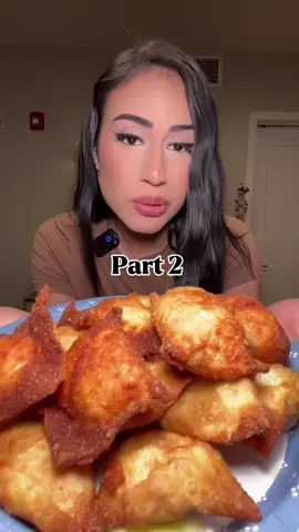 A post by @skylarrr_marie on TikTok caption: Someone teach me how to wrap a wonton 🤣 #foodtok #Tatcha #eatwithme #cookwithme #skylarmarie #crabrangoon #cooking #crab  