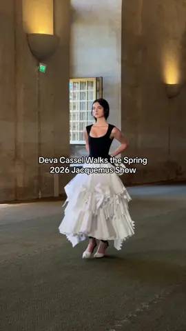 A post by @voguemagazine on TikTok caption: #DevaCassel stunned on the spring 2026 #Jacquemus runway in #Versailles. 