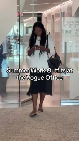 A post by @voguemagazine on TikTok caption: Hold on, our favorite show is on (a.k.a. watching our coworkers walk into the office). Here are some of the outfits #Vogue editors are sporting to survive the recent heat. Head to the link in bio for more inspo for what to wear this summer. 