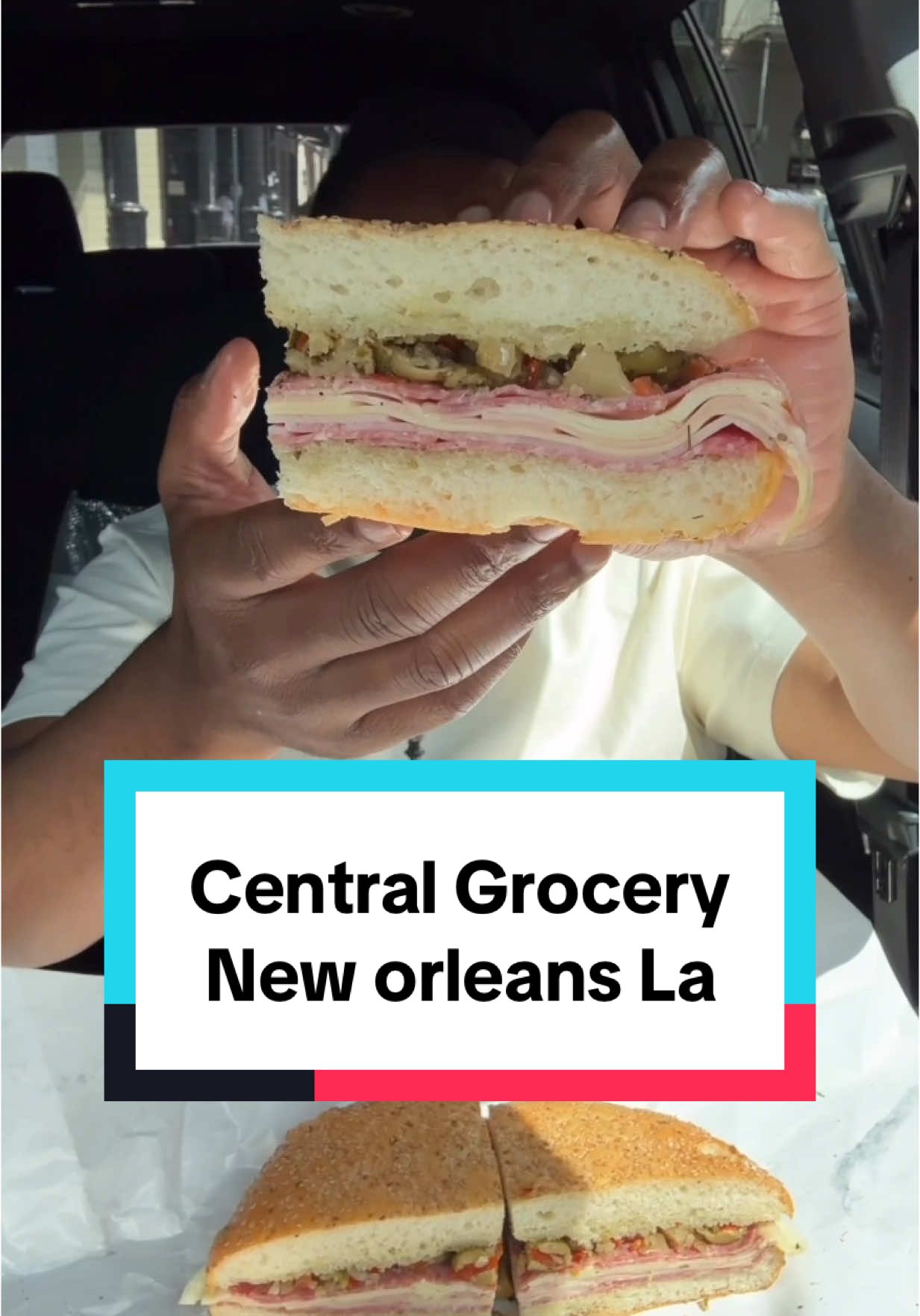 A post by @mr.chimetime on TikTok caption: Trying Muffaletta for the FIRST time 🙄🤬.. #ncfoodie #foodreview #foodcritic #neworleans #neworleansfood 