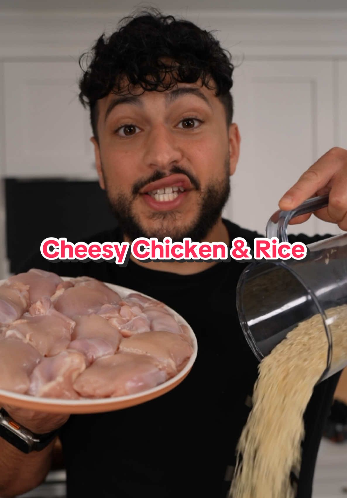 A post by @thegoldenbalance on TikTok caption: Cheesy Chicken Over Rice 😩 2 lbs chicken thighs  1 tbsp oil  Spice: 1 tsp garlic powder  1 tsp paprika  1 tsp chili powder  1 tsp oregano 1 tsp sazon  1 tsp salt (be careful sazon is salty)  Finisher: 1 lime, juiced  2 tsp honey  Rice: 1 tbsp oil  1 medium onion  1 red bell pepper  1 jalapeño  1 tbsp tomato paste  Spices: 1 tsp garlic powder  1 tsp paprika  1 tsp chili powder  1 tsp oregano 1 tsp sazon  1-2 tsp chicken bouillon (be careful sazon is salty)  3 tomatoes, blended (or 8oz tomato sauce) 2 cups water 2 cups jasmine rice  Liquid amounts depend on rice type! Finish:  Cheese or queso of choice  I did mozzarella and cheddar 