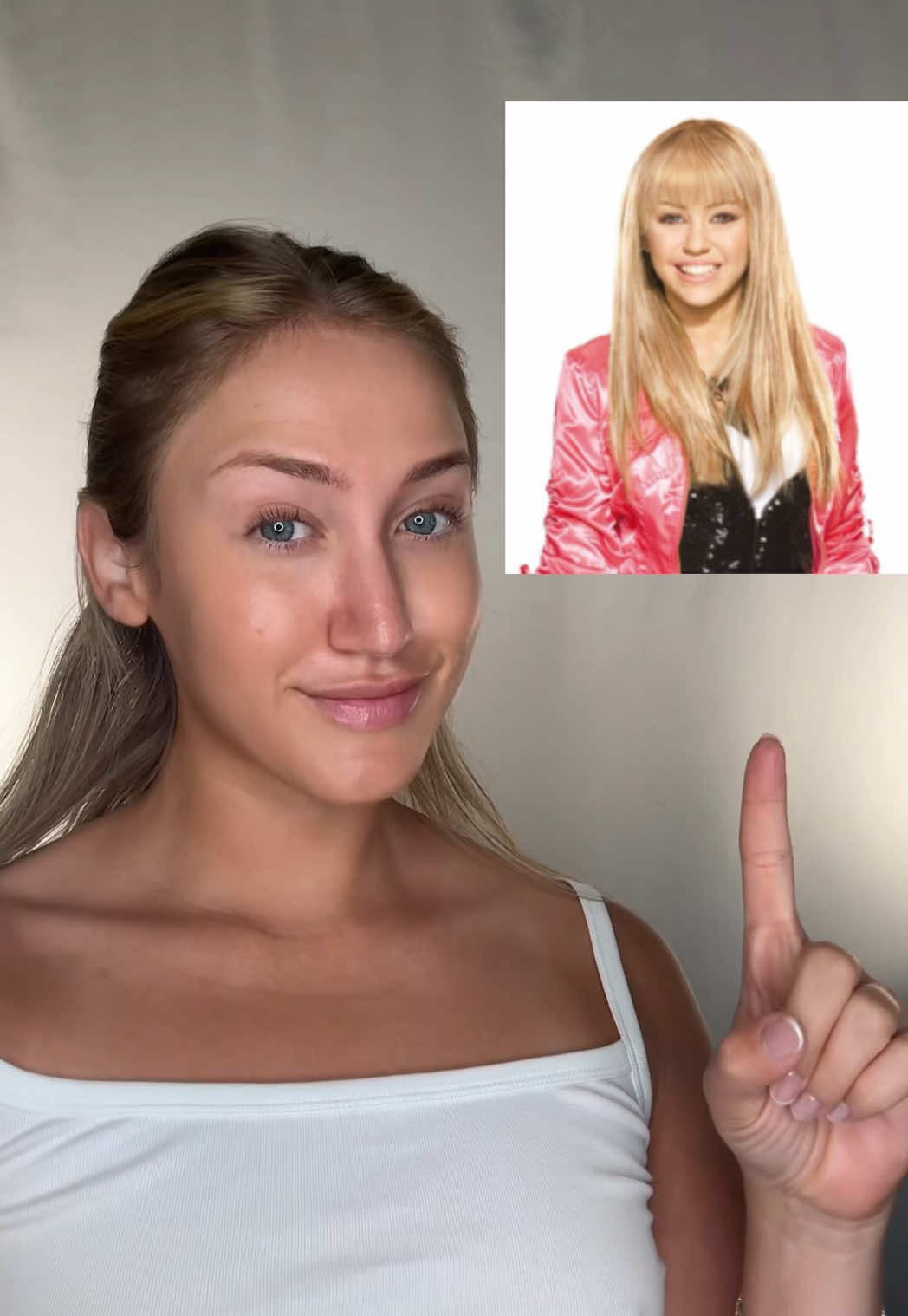 A post by @katiefarhood on TikTok caption: living out all my childhood dreams 💗🎤✨🪩 #hannahmontana #nostalgia #hannahmontanacostume #makeupartist #makeuptransformation 
