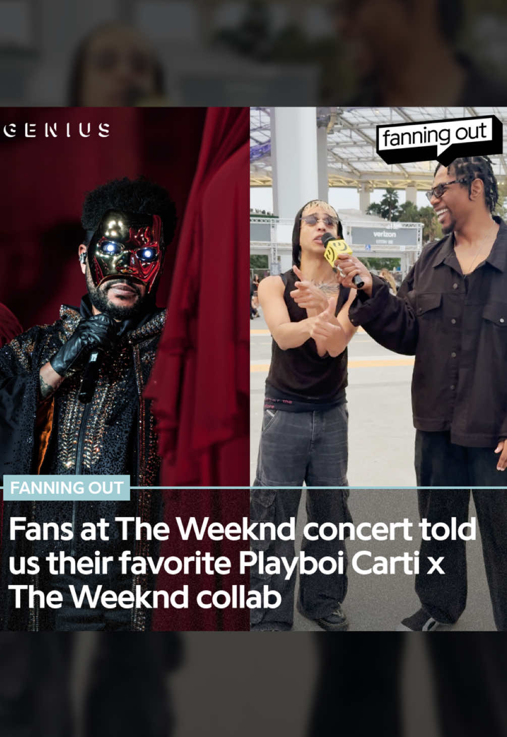 A post by @genius on TikTok caption: what is your favorite #theweeknd x #playboicarti collab? 🤔 fans at the 'after hours til dawn' concert in #losangeles gave us their favorite collab between the duo 🎶🎤🔥 #genius #fanningout #afterhourstildawnstadiumtour #popular #timeless #ratherlie #viralmusic #rnb #hiphop #music 