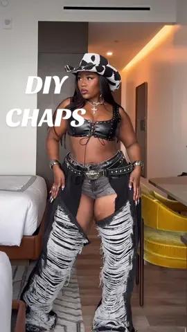 A post by @badbrownskinnn on TikTok caption: I’m obsessed with these quick DIY chaps #cowboycarter #cowboycarteroutfit #chaps 