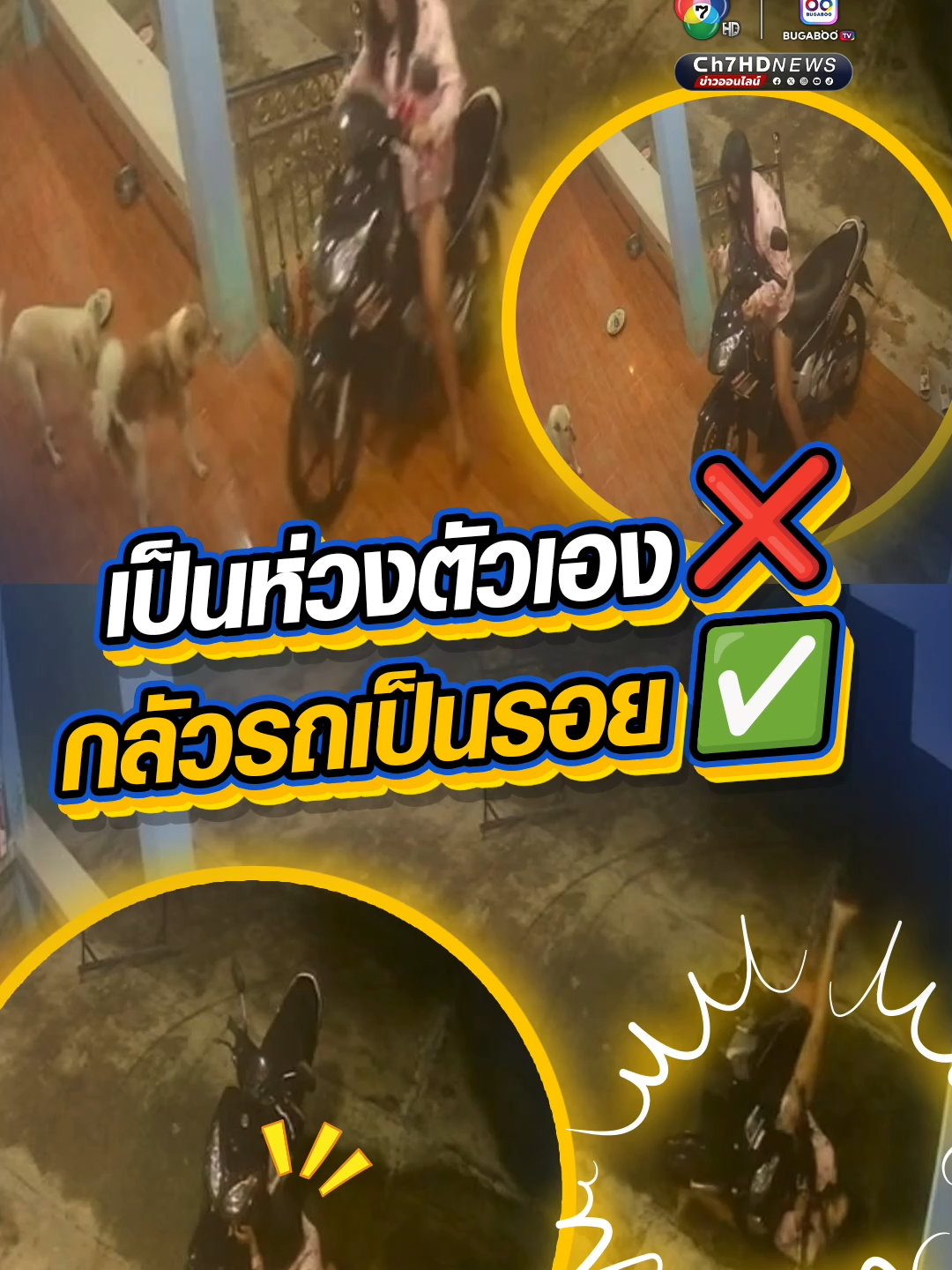 A post by @ch7hd_news on TikTok caption: เป็นห่วงตัวเอง❌ กลัวรถเป็นรอย✅ #อย่าหาทํา สาวนักธุรกิจซื้อขาย #รถมือสอง ยอมรับ #ประมาท ขี่รถ จยย. ขึ้นบันไดบ้าน ก่อนเกิด #อุบัติเหตุ แต่กลัวรถเป็นรอย มากกว่าห่วงตัวเองเจ็บ #สมุทรสาคร #Ch7HDNews #ข่าวออนไลน์7HD #ข่าวTikTok