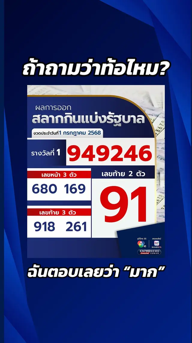 A post by @ch7hd_news on TikTok caption: ผลการออกรางวัลสลากกินแบ่งรัฐบาล งวดประจำวันที่ 1 กรกฎาคม พ.ศ. 2568 #Ch7HDNews #ข่าวออนไลน์7HD
