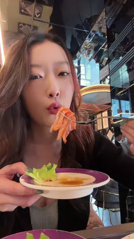A post by @uu41world59 on TikTok caption: Sushi day! 🍣 #buffet #salmon #shrimp #japanesefood #foodie #ASMR #eating #mukbangeatingshow 
