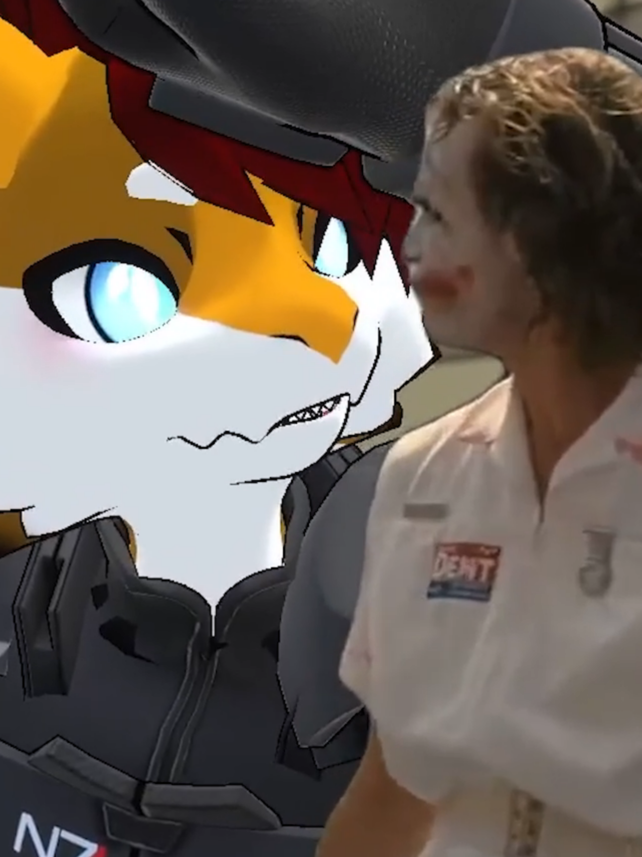 A post by @durrvish on TikTok caption: Joker shares something #furry #furryfandom #vtuber #streamer #vrchat #virtualreality #fullbodytracking #vr