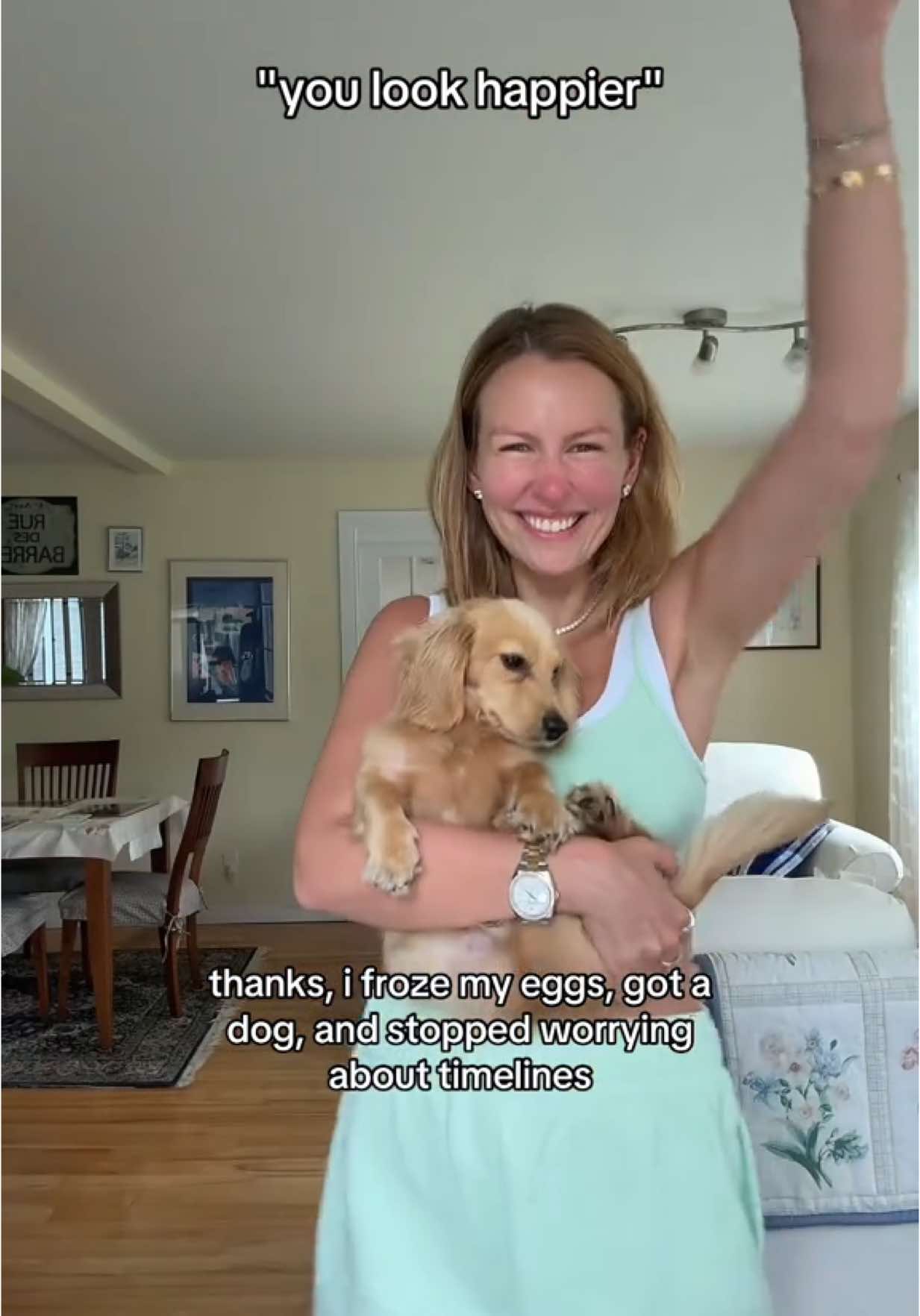A post by @serenakerrigan on TikTok caption: HAPPIEST!!! #eggfreezing  set is @alo 