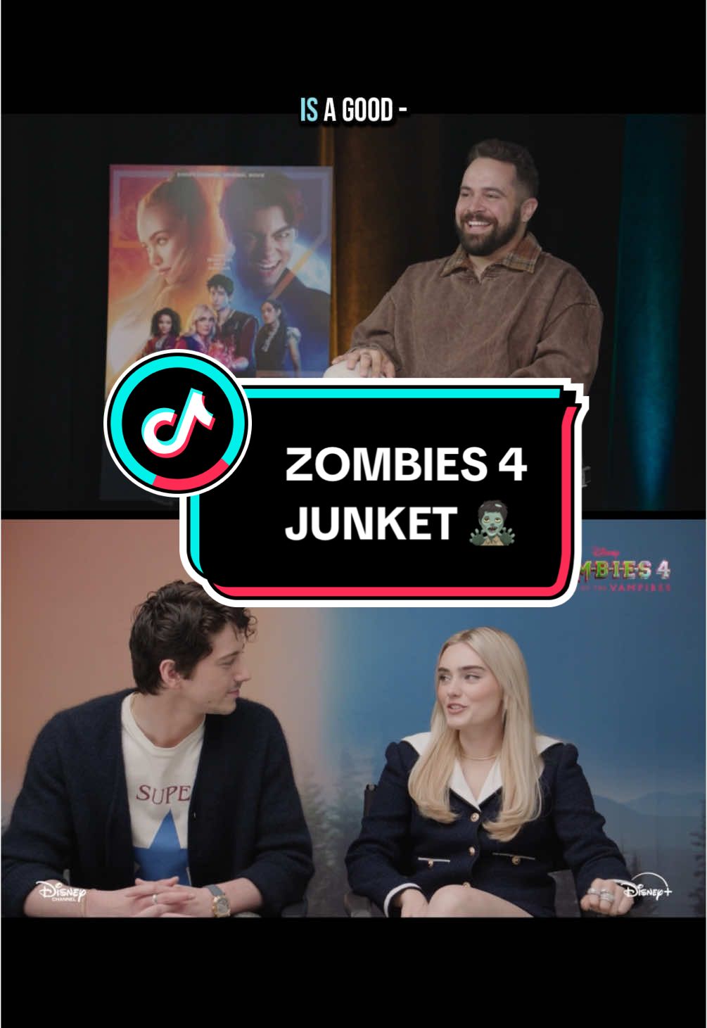 A post by @blakespopnook on TikTok caption: talking about the ultimate DCOM crossover with stars of the zombies movies !! 🧟‍♂️🎥 this conversation is my roman empire. @milomanheim @meg 🤍🫶🏼 thank you for having me, @Disney Channel @Disney  #zombies4 #disneychannel #disneychanneloriginalmovie #blakespopnook 