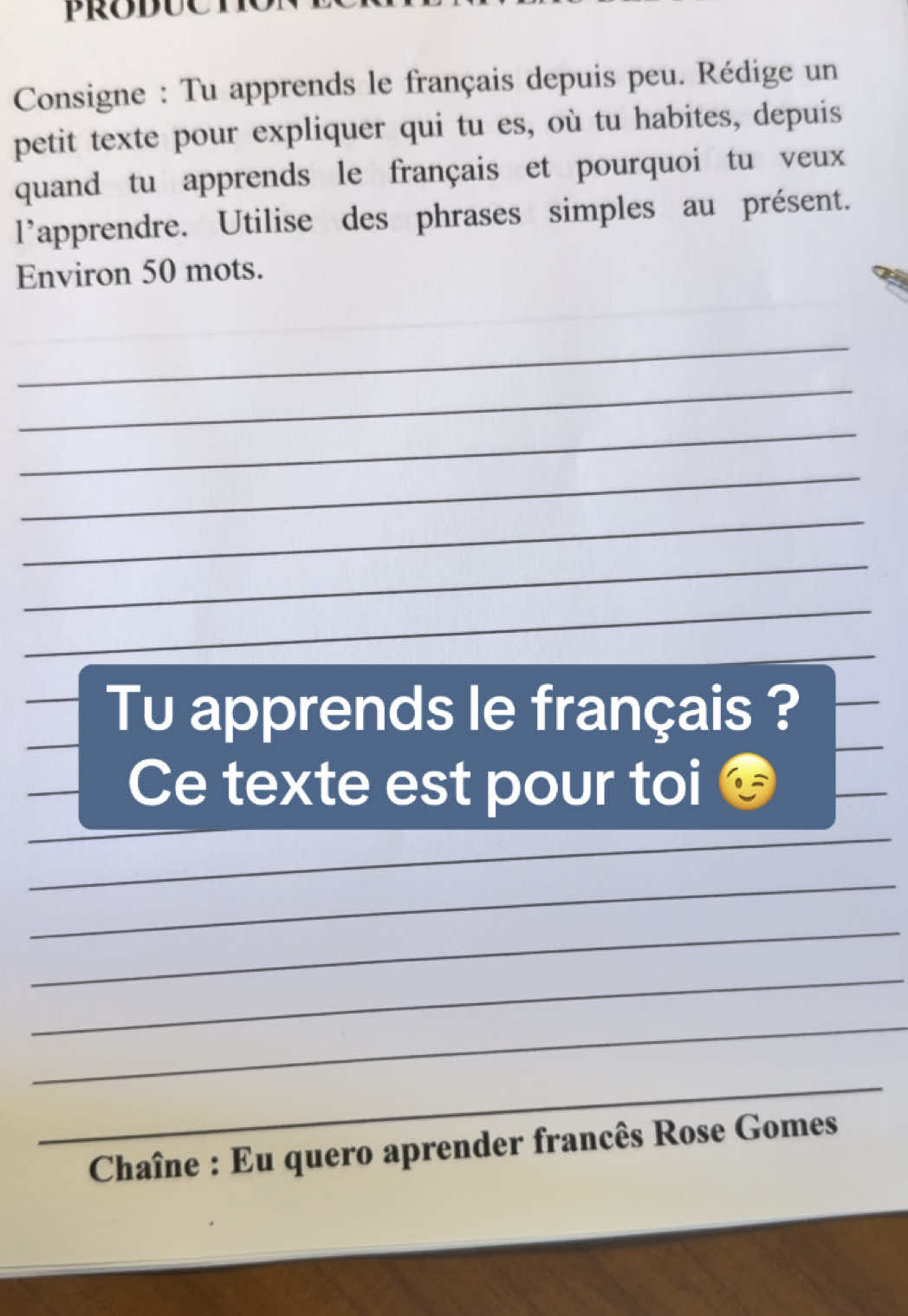 A post by @euqueroaprenderfrances on TikTok caption: Production écrite en français  #apprendrelefrançais #euqueroaprenderfrancês #rosegomes #français #learnfrench #redaction #a2 #delf #tcf #francais #french #frances #apprendresurtiktok 
