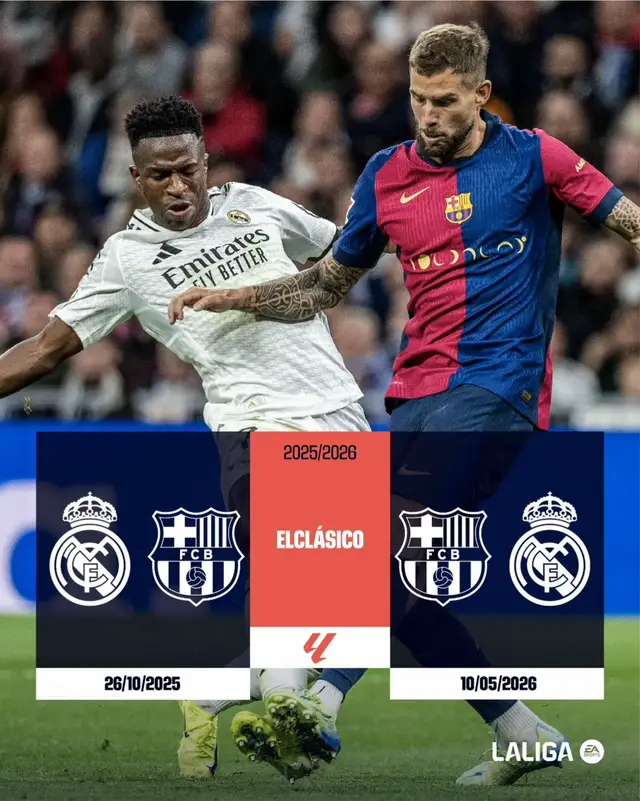 A post by @laliga on TikTok caption: 🗓 #ELCLÁSICO in #LALIGAEASPORTS 2025/26 will be played on matchdays 10 and 35! 🤔 Predictions?