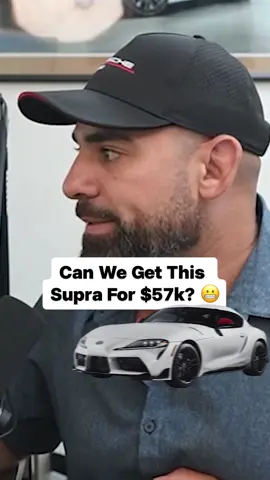 A post by @georgejsaliba on TikTok caption: Trying to buy this guy's Supra GR for $57K. Let's see if I can close him. #supra #cardealership #manualtransmission #anniversaryedition #carbuying #fy #fyp 