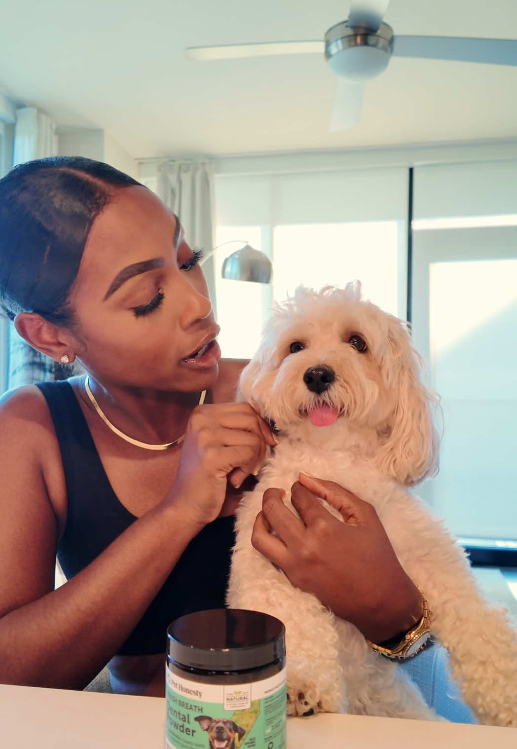 A post by @caittheegreat__ on TikTok caption: Malibu’s breath used to be loud  but this @Pet Honesty Dental Powder has been helping sooo much! We had a little dental date once a day and baby, her breath is giving fresh not funky! Lol #pethonesty #pethonestypartner 