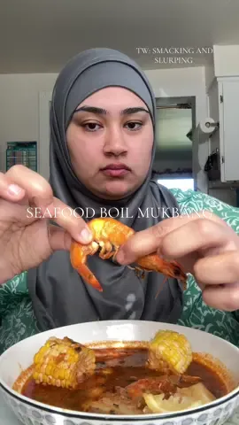 A post by @sharmineats on TikTok caption: Shrimp boil mukbang after God knows how long. 🦐🥚🥔🌽 #seafoodboil #eggboil #shrimboil #seafoodboilmukbang #fyp 