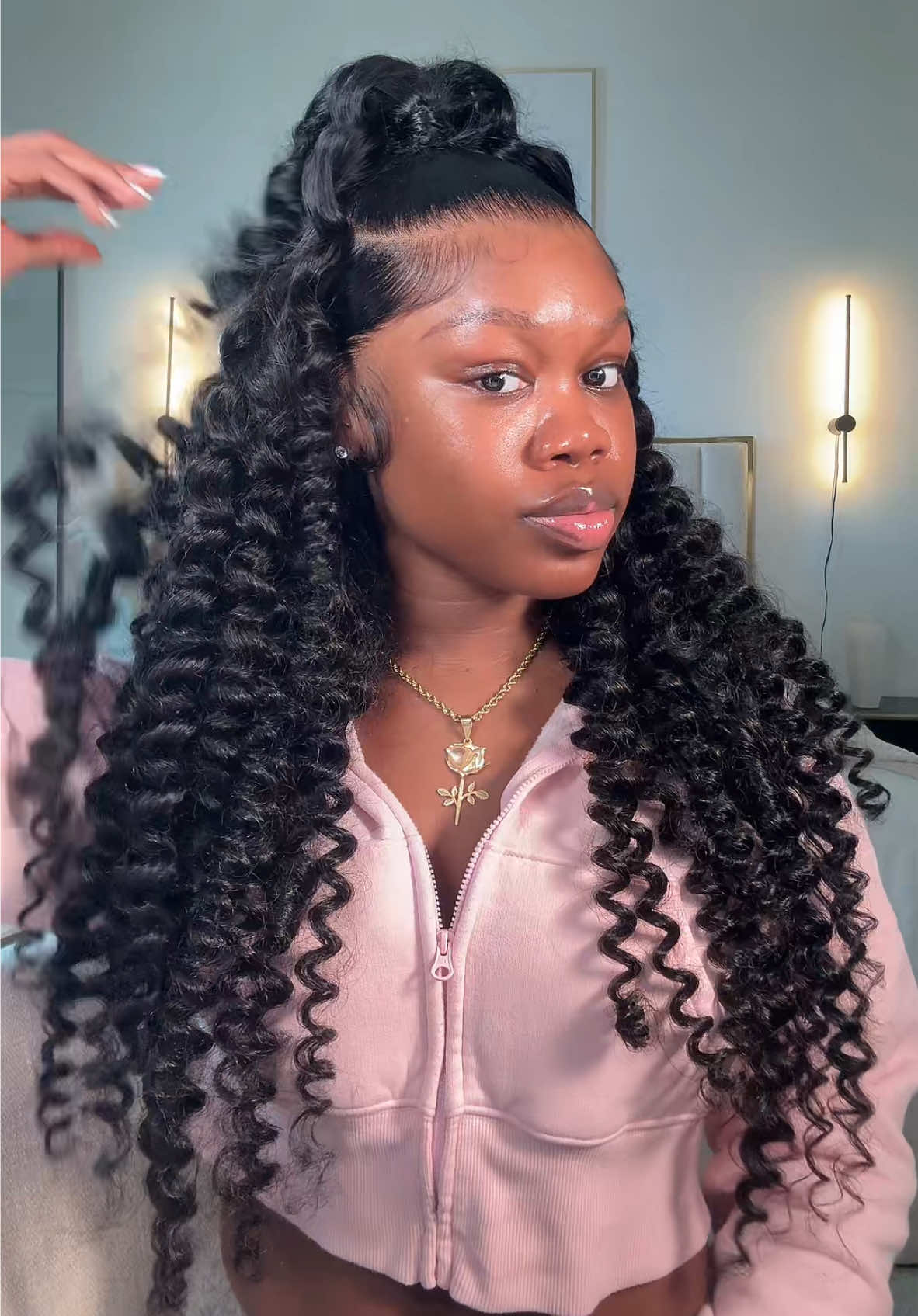 A post by @ebonyrosaa on TikTok caption: Deep Wave Wig = Instant VOLUME boost! No teasing needed 💃 @Tahikie Hair Shop #dealsforyoudays #summerwig #deepwavehair #halfuphalfdown #wandcurls #hairstyling 